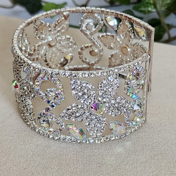 Silver Open Cuff Glam Bracelet Iridescent and Clear Crystal Design - Picture 6 of 8